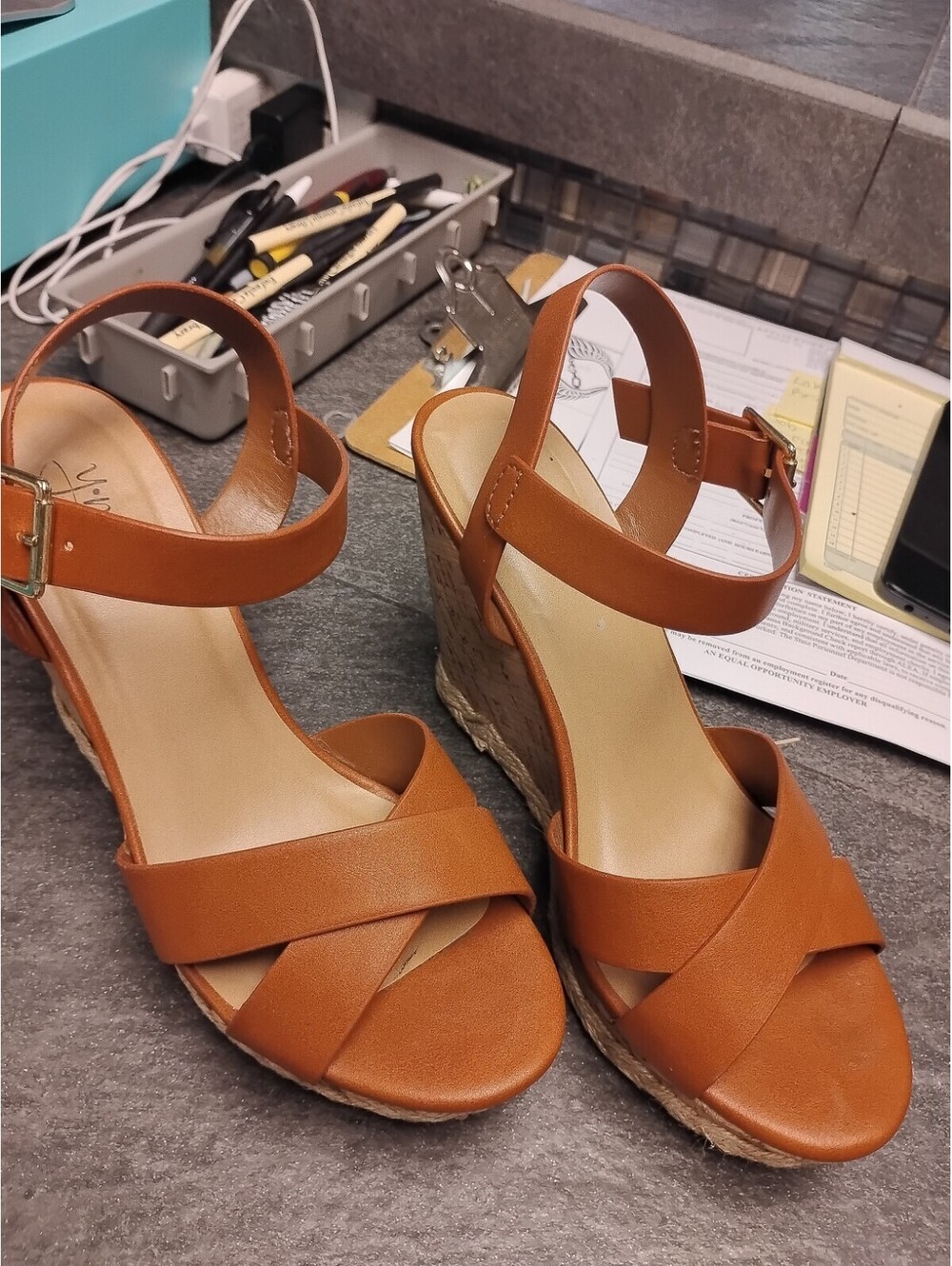 Y-Not Womens Tan Faux Leather Cork Wedges Size 8M High Heel Shoes